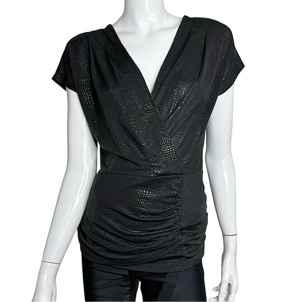 4/$40 Bebe Embossed Reptile Print Short Sleeve V-Neck Black Faux Leather Blouse